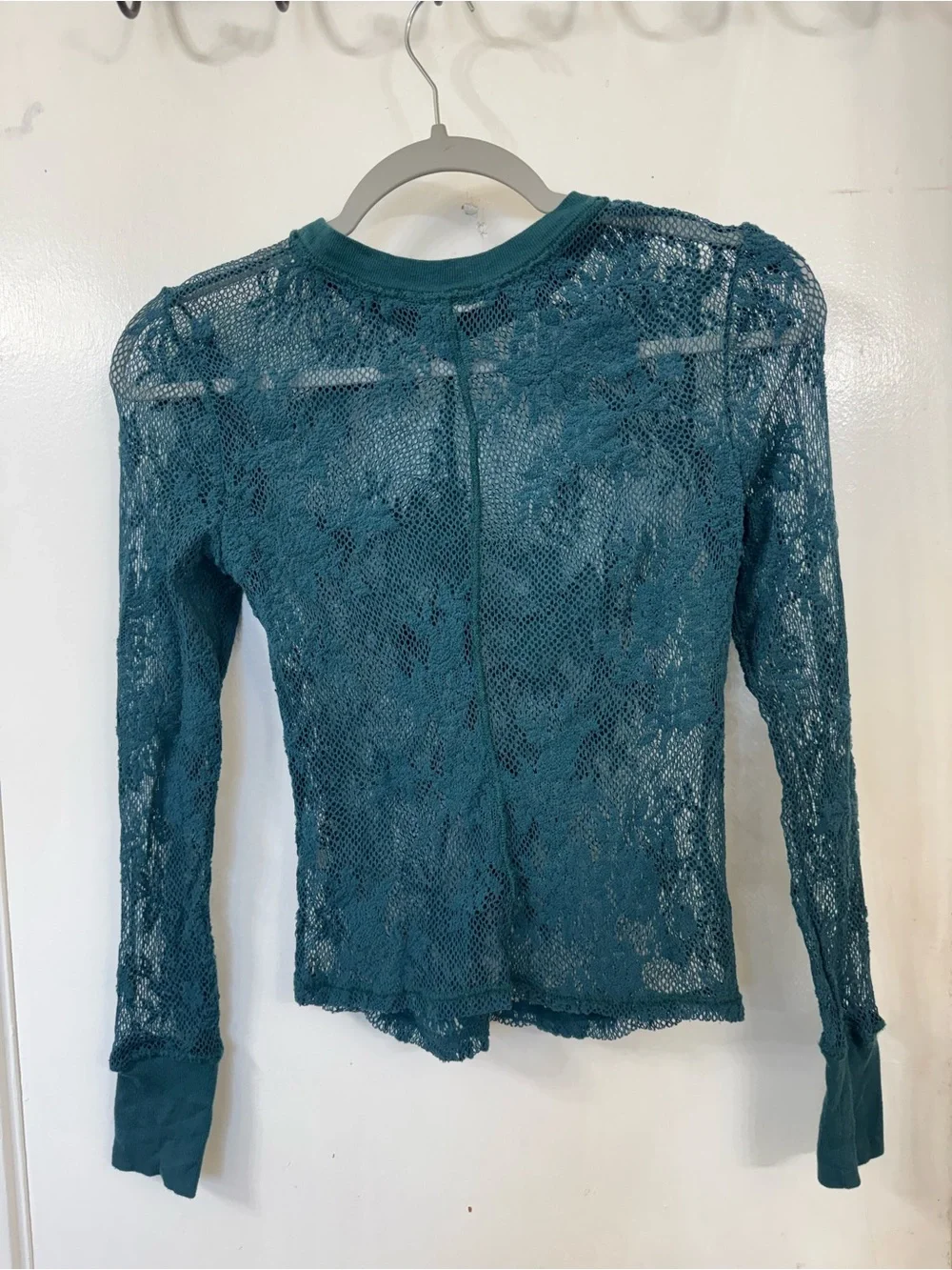 Free People Teal Sheer Floral Lace Long Sleeve Top